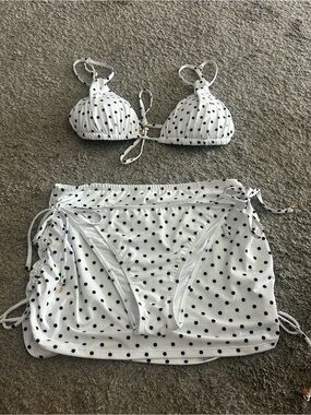 Catherine Malandrino White Bikini Set with Black Polka Dots and Side-Tie Skirt